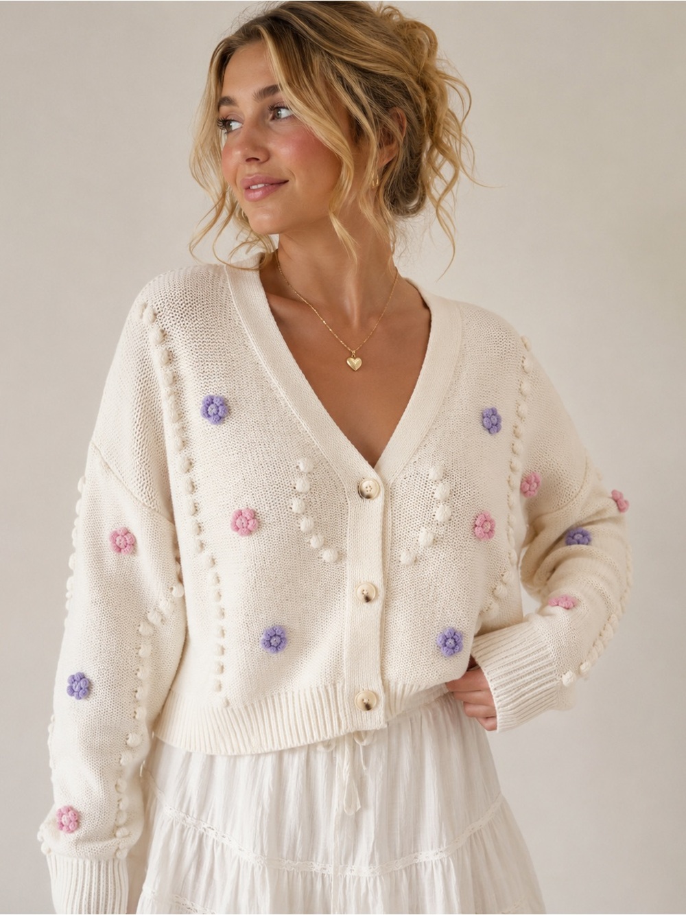 Francesca’s Mi Ami XL 3D Floral Bobble Knit Cardigan Cream Coquette Sweater
